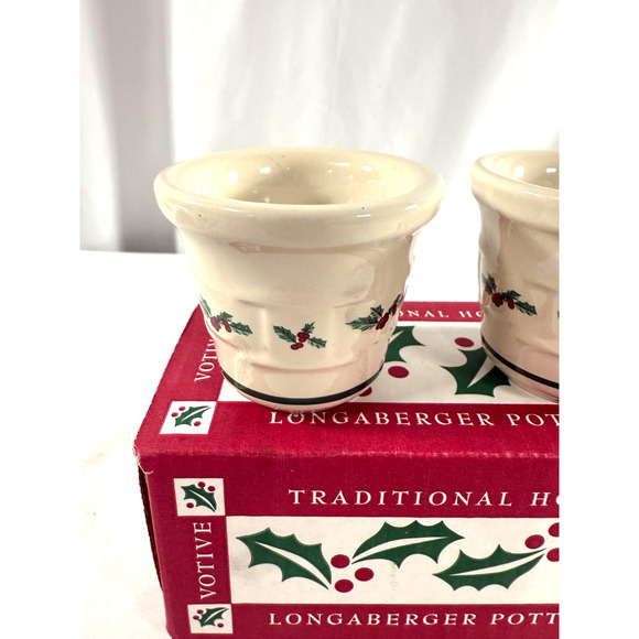 Longaberger Pottery Woven Traditions Pair Candle Votive Cups ~ Traditional Holly - Picture 2 of 4